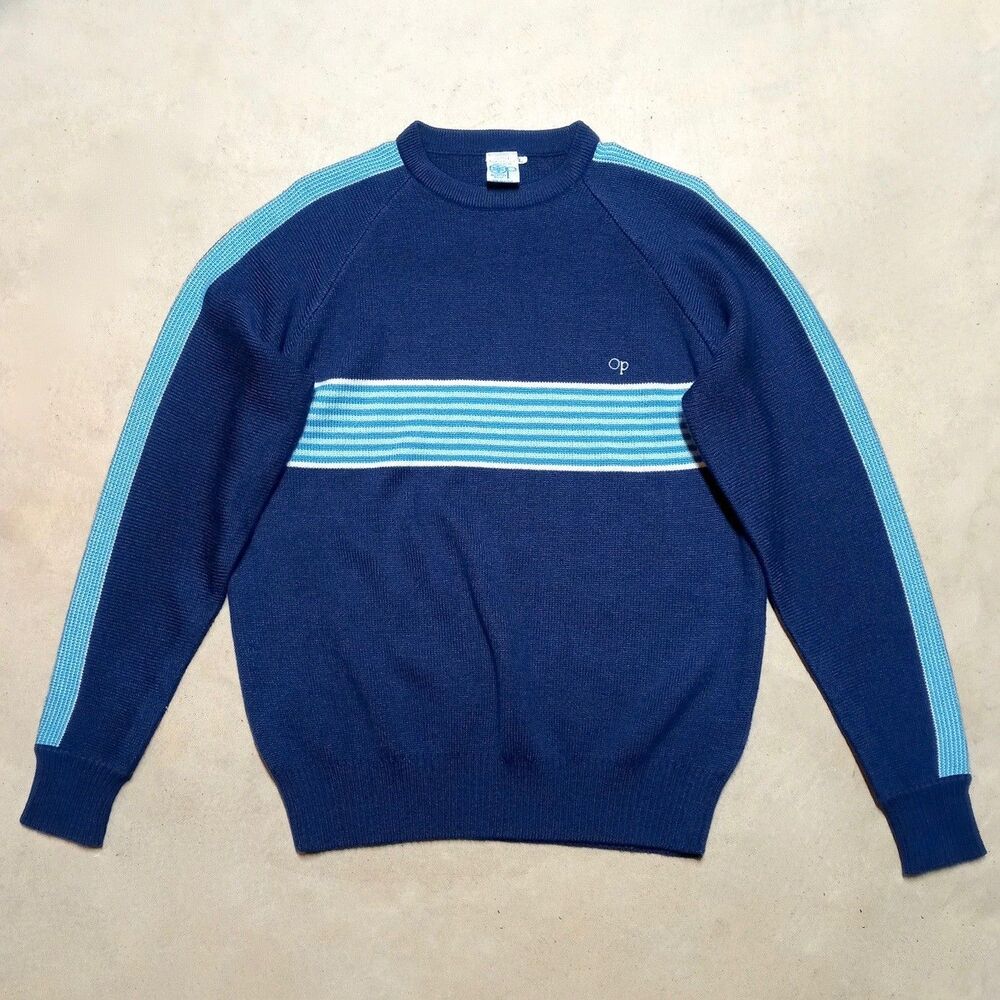 Vintage OP Ocean Pacific Knit Crewneck Sweater Mens Large Striped Blue 80s 90s